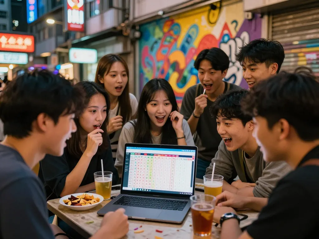 Excited friends checking HK Malam Ini lottery results in vibrant urban setting.