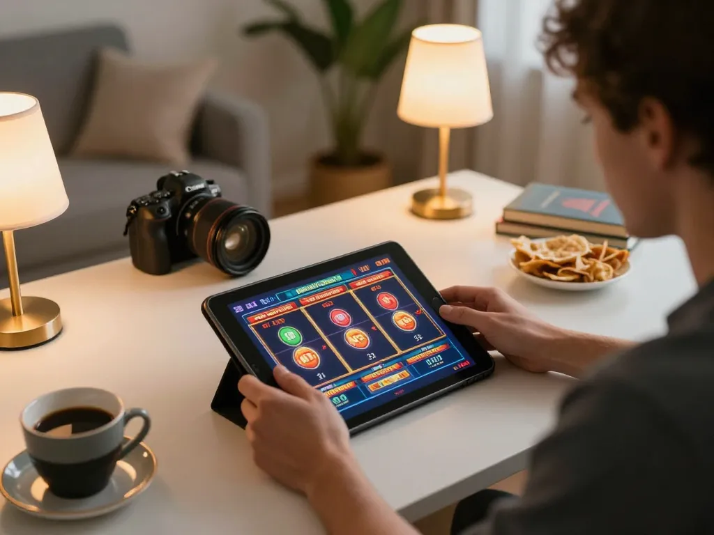 RR88 player enjoys online slot games on a tablet, cozy home setup with snacks and warm lighting.