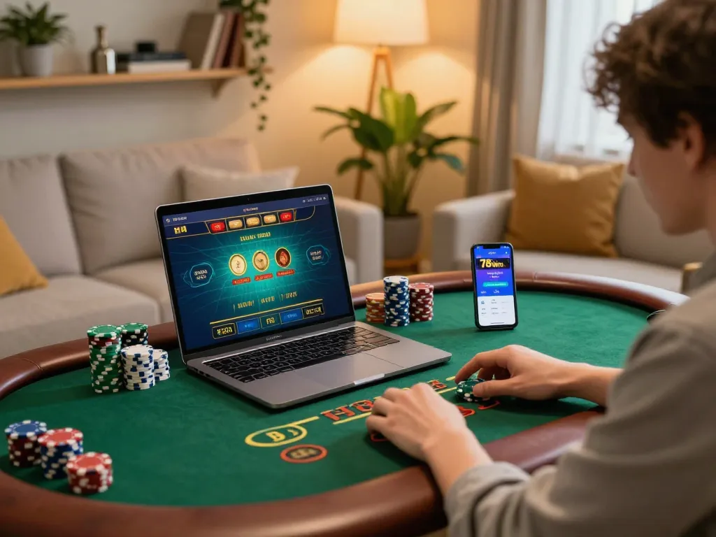 Enjoying a thrilling game on 78win's live dealer platform from home, showcasing an engaging online gambling experience.