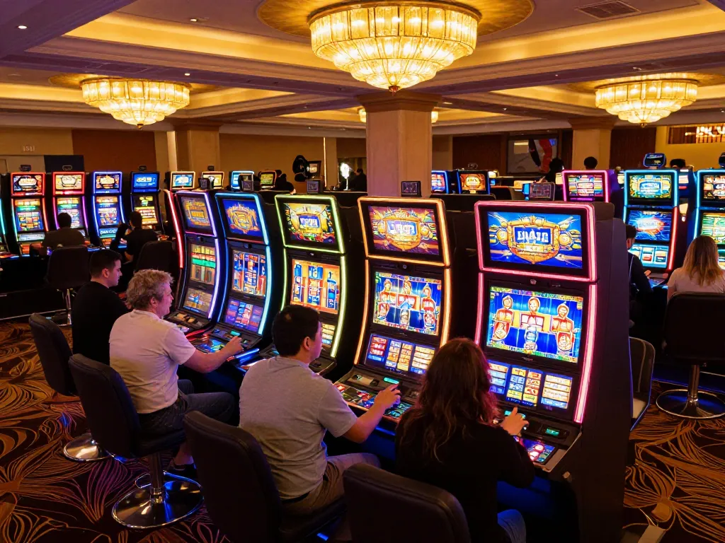 Players enjoying the Rajampo link alternatif experience at illuminated slot machines in a vibrant casino setting.