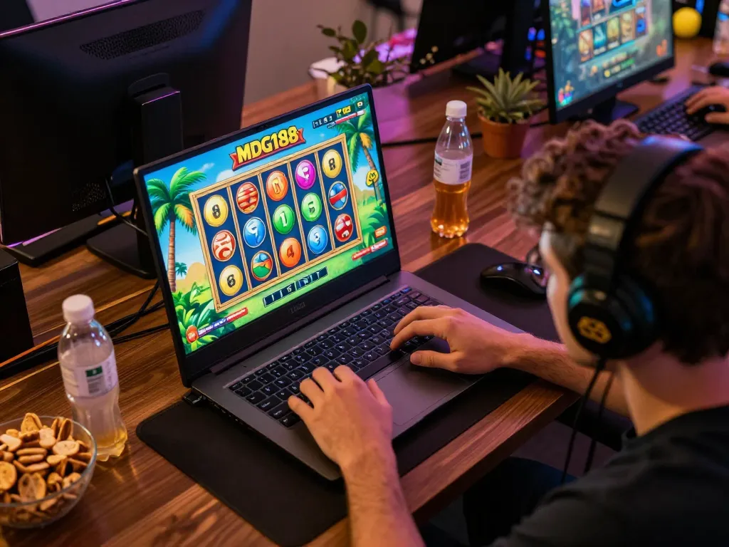 Player engaging in MDG188 online slot gameplay at home, showcasing dynamic game action and vibrant environment