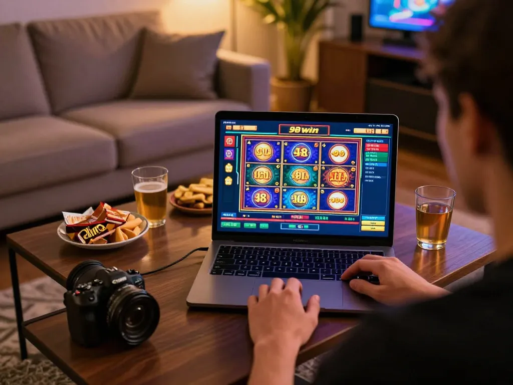 Engaging gameplay session on 98win with an inviting home atmosphere, showing vibrant slot machines.