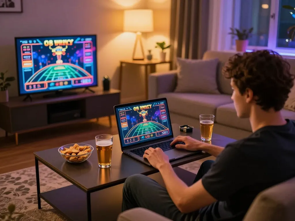 Engaging in an online O8 casino game strategy in a cozy living room atmosphere.