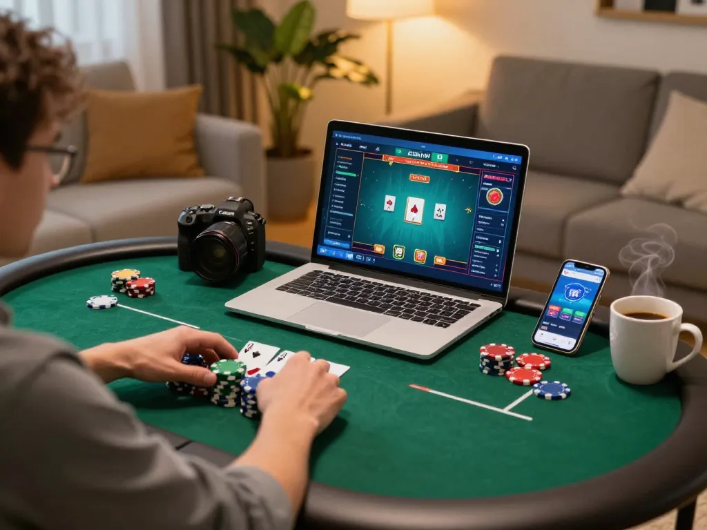 Pajaktoto player engaging in an online poker game from home, surrounded by colorful chips and a cozy atmosphere