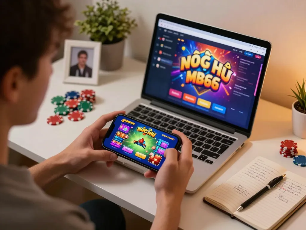 Engaging in nổ hũ mb66 mobile gaming on a smartphone in a cozy home setting