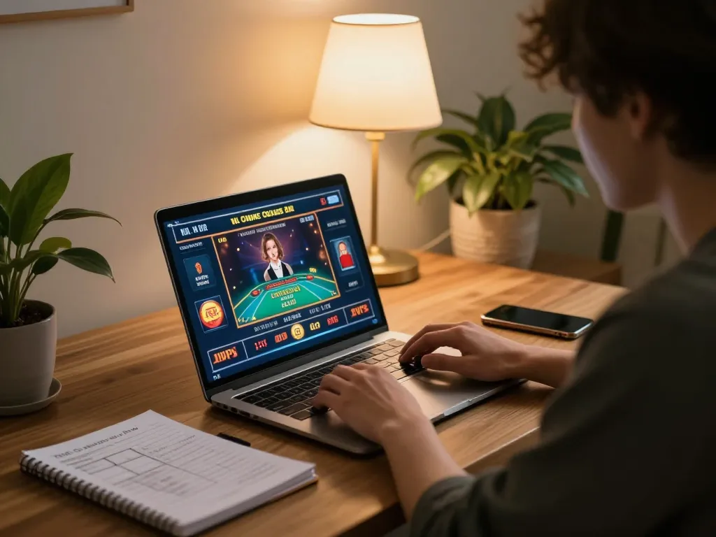 Player engaging with o8 online casino on laptop in cozy home setting.