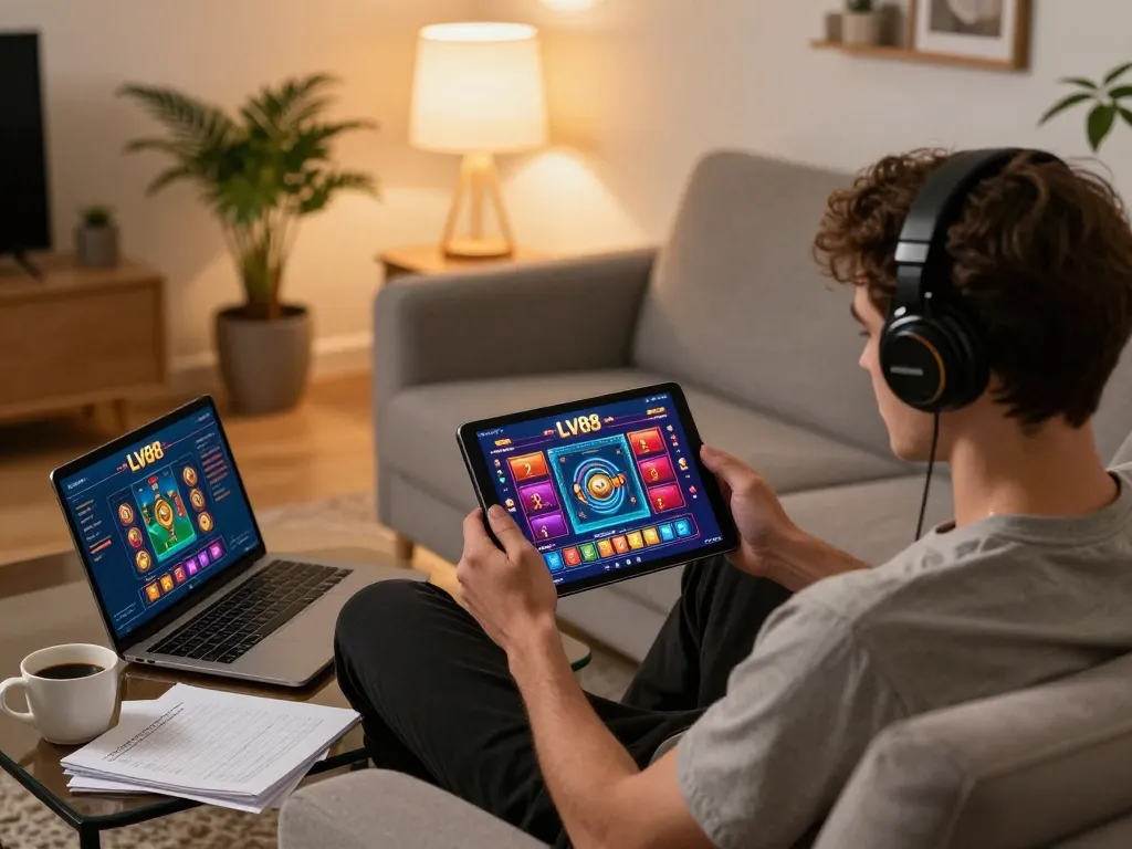 Player engaging with the LV88 casino app on a tablet in a cozy at-home gaming setup