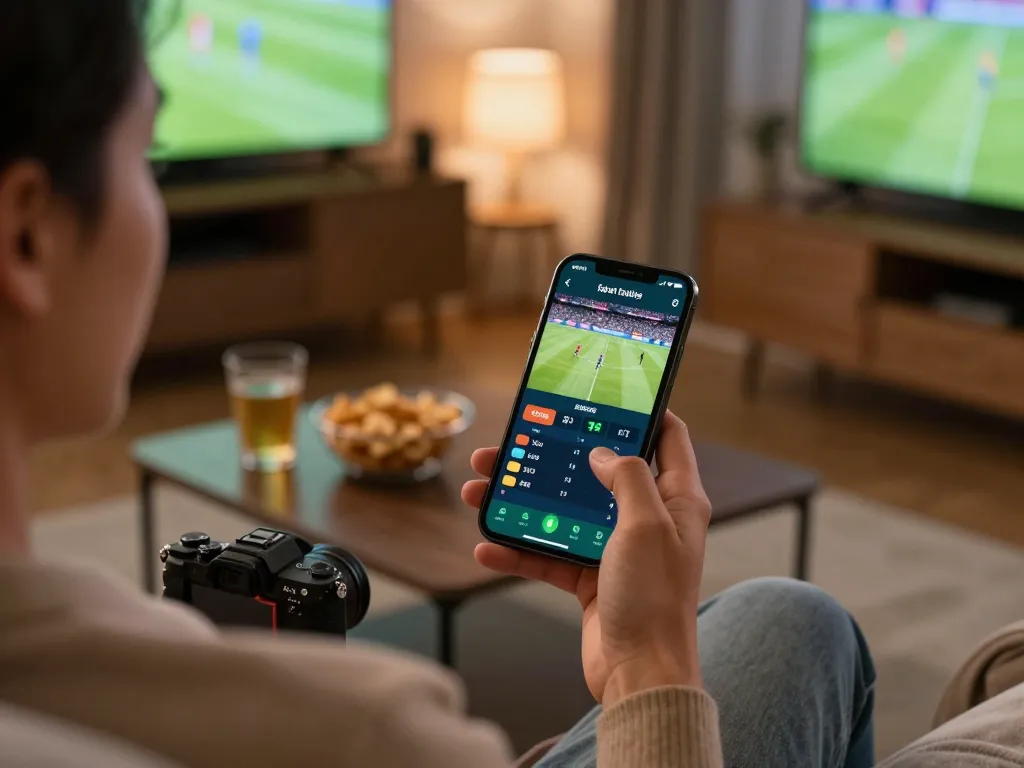 Person placing bets on fabet app while watching live sports, enjoying a relaxed evening at home.
