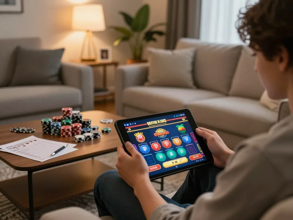 Engaging in online gambling at home with ALO8 on tablet, showing poker game interface
