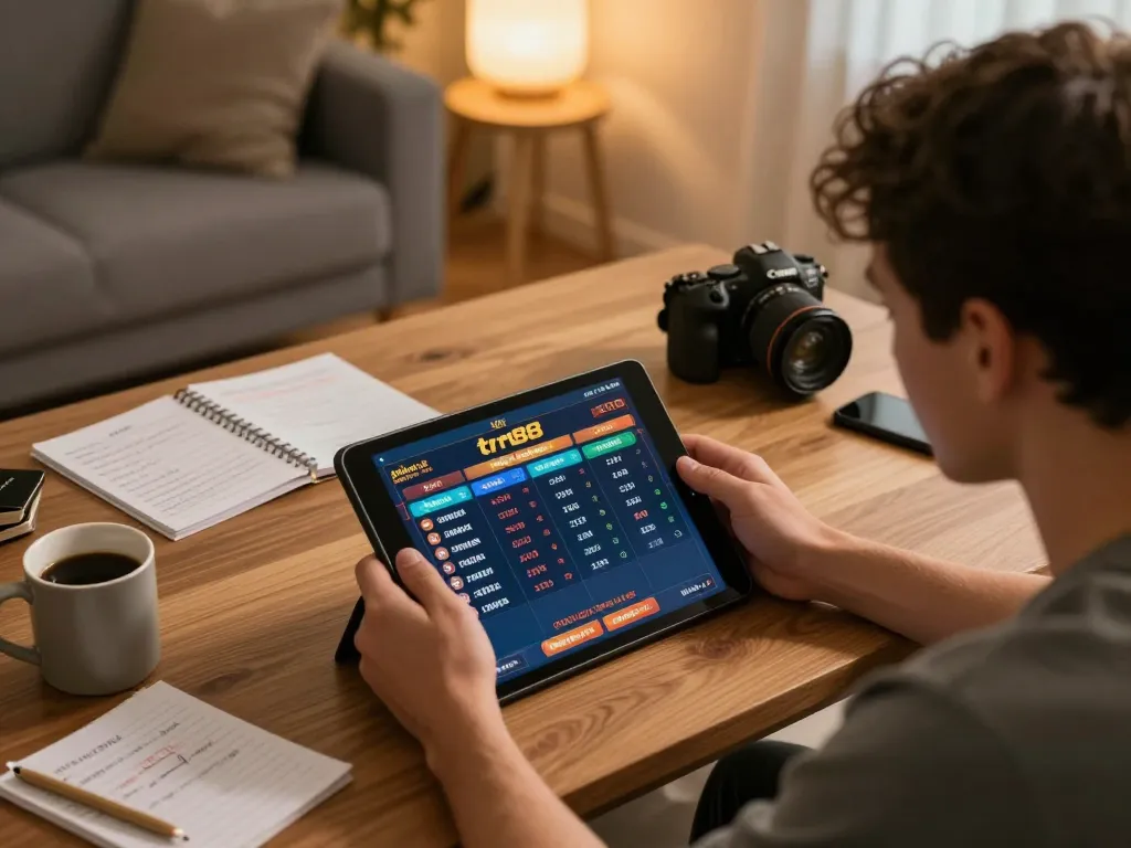 Engaged player enjoying betting options at nhà cái tr88 with tablet in a cozy setting.