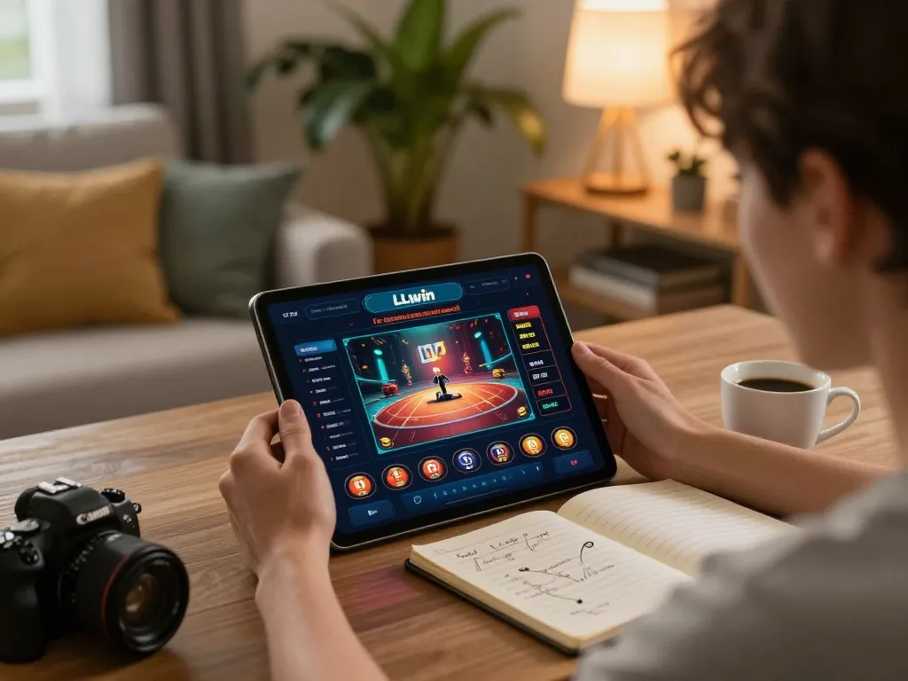 Player enjoying LLwin online casino on tablet, showcasing responsible gambling in a comfortable home setting.