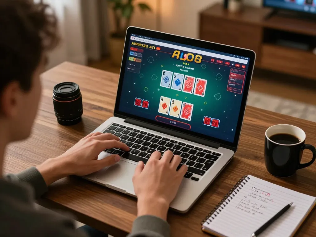 Player enjoying online blackjack at ALO8, showcasing an immersive gaming setup with cards on screen