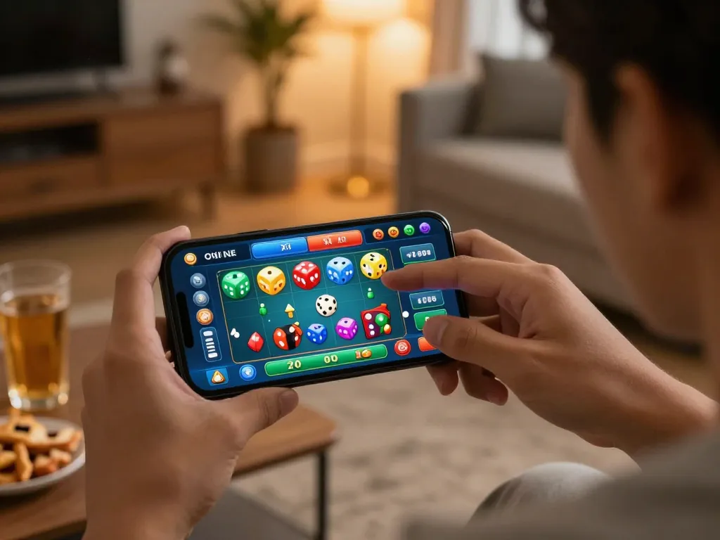 Tài xỉu online gameplay with a smartphone displaying colorful rolling dice and betting options
