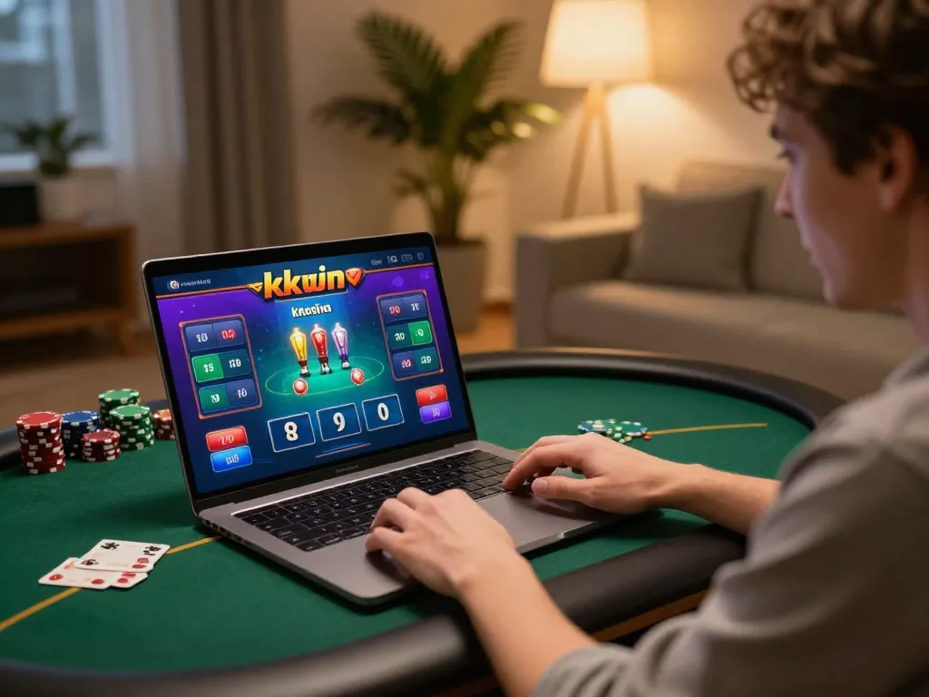 Player exploring kkwin casino on a laptop, showcasing engaging poker graphics in a cozy home setting