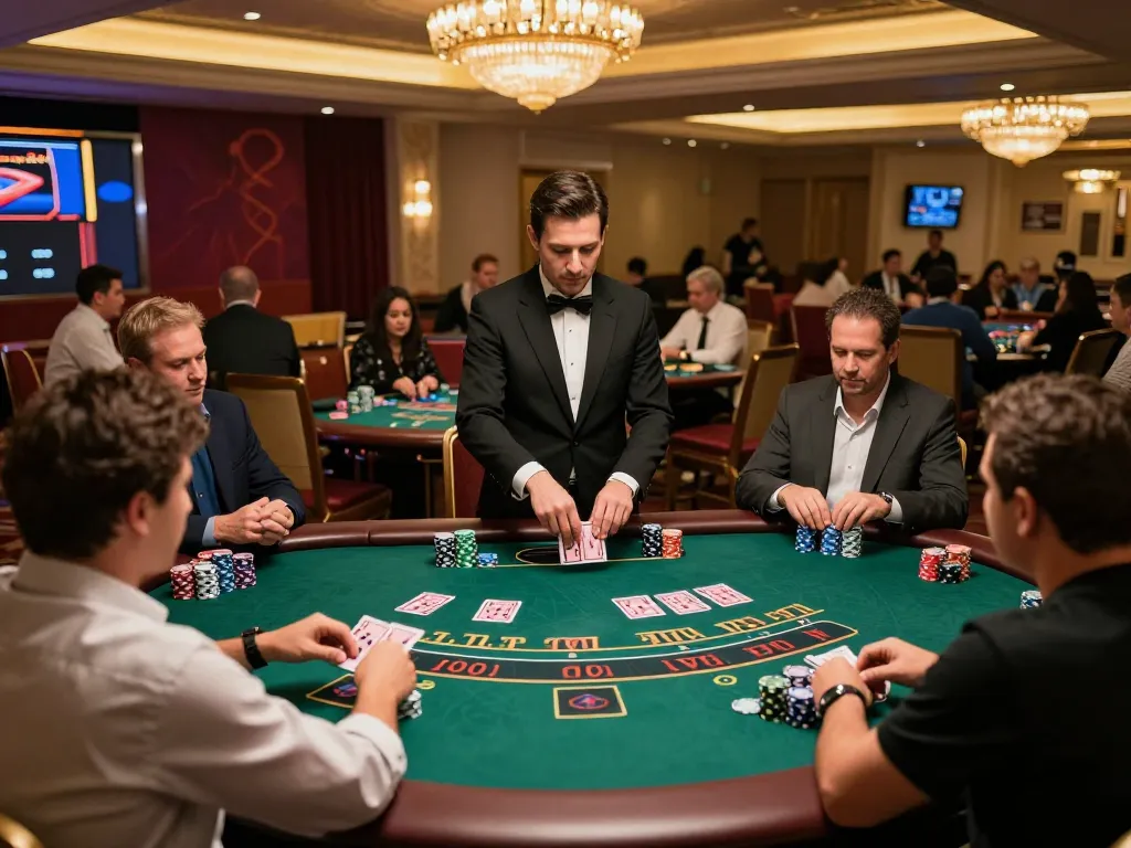 Watch players engage in dagelan4d blackjack at a luxury casino, with intense focus on strategic moves and dealer action.