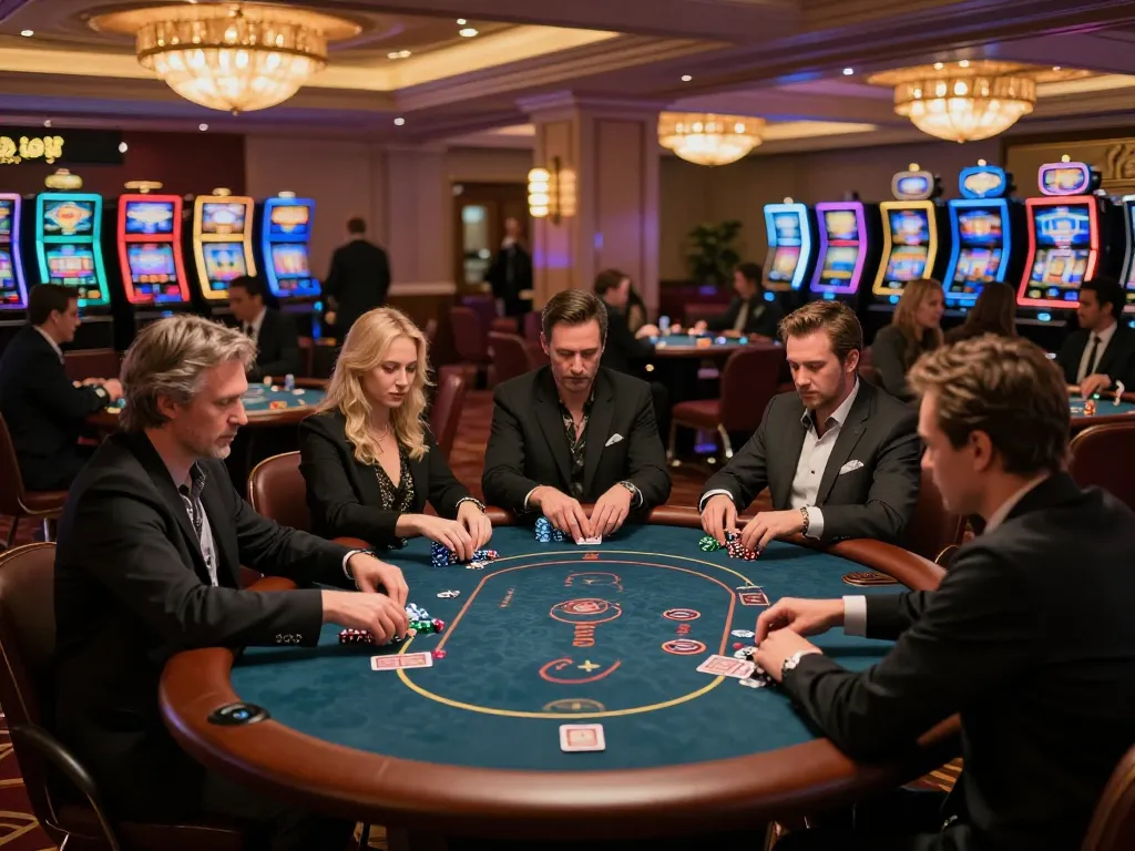 Sunwin's vibrant casino floor bustling with strategic poker games and lively slots.