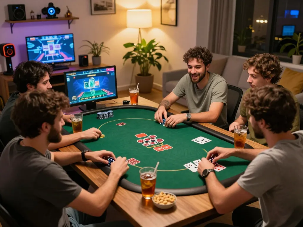 Friends engaging in a poker game using MM88 online gaming devices in a cozy atmosphere.