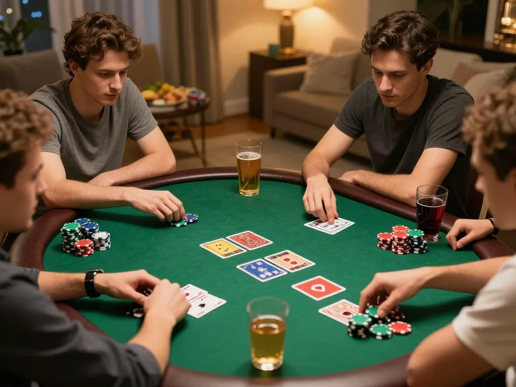 Pemain dengan teliti merencanakan langkah mereka di permainan poker rumah yang menampilkan aneka4d