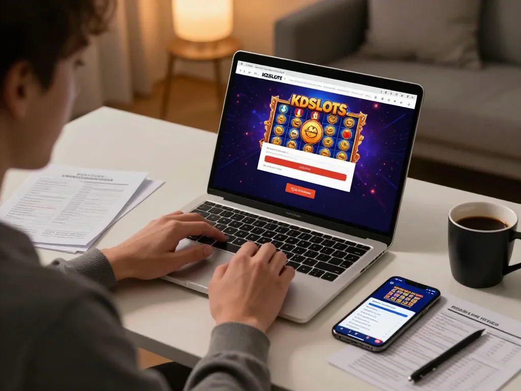 Engaging in kdslot gaming on a laptop at home, showcasing a cozy setup with strategic notes.
