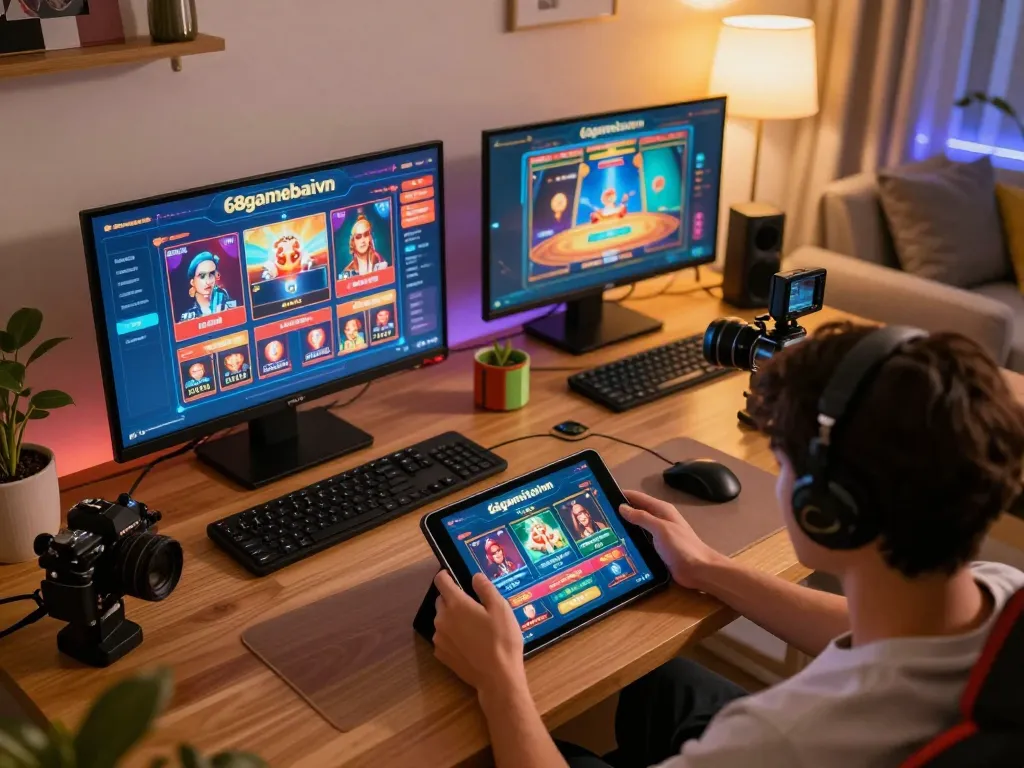Engaging gameplay on tablet at home for 68gamebaivn, showcasing casino games in a cozy setting.