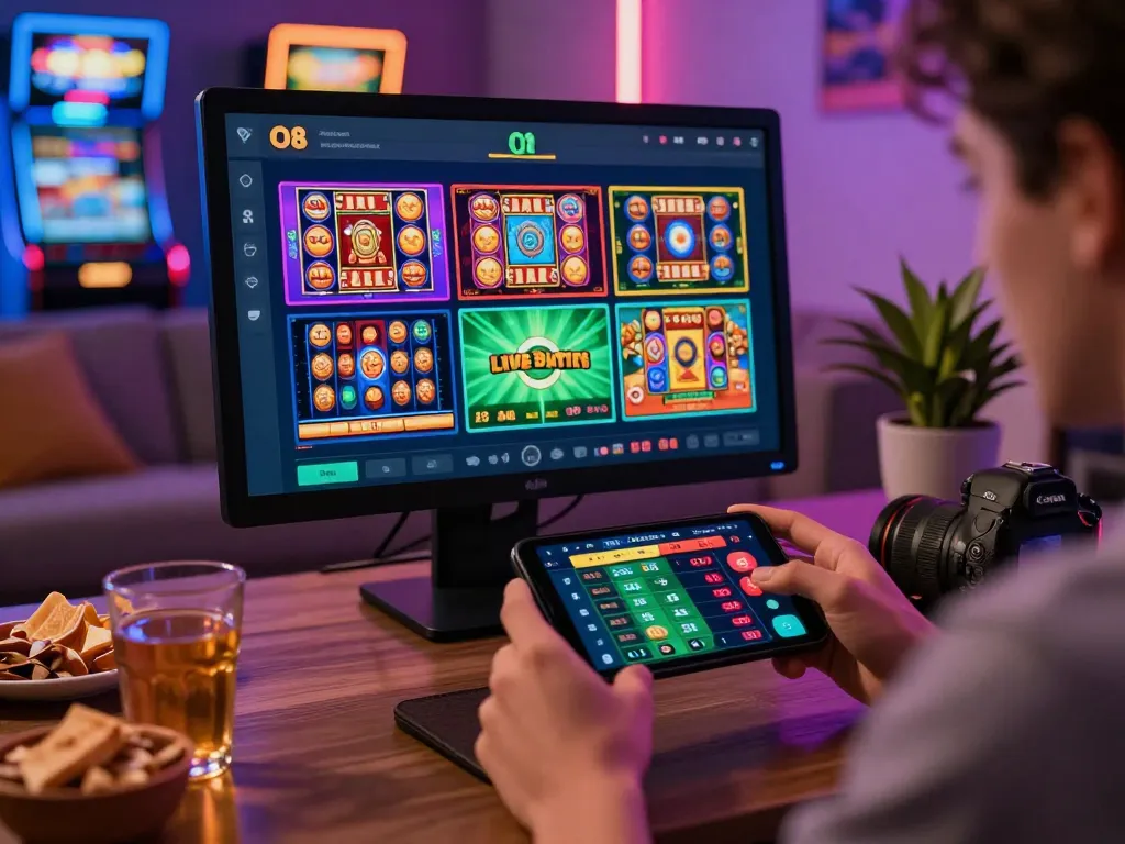 Player enjoying O8's online gambling platform with dynamic games and vibrant graphics.