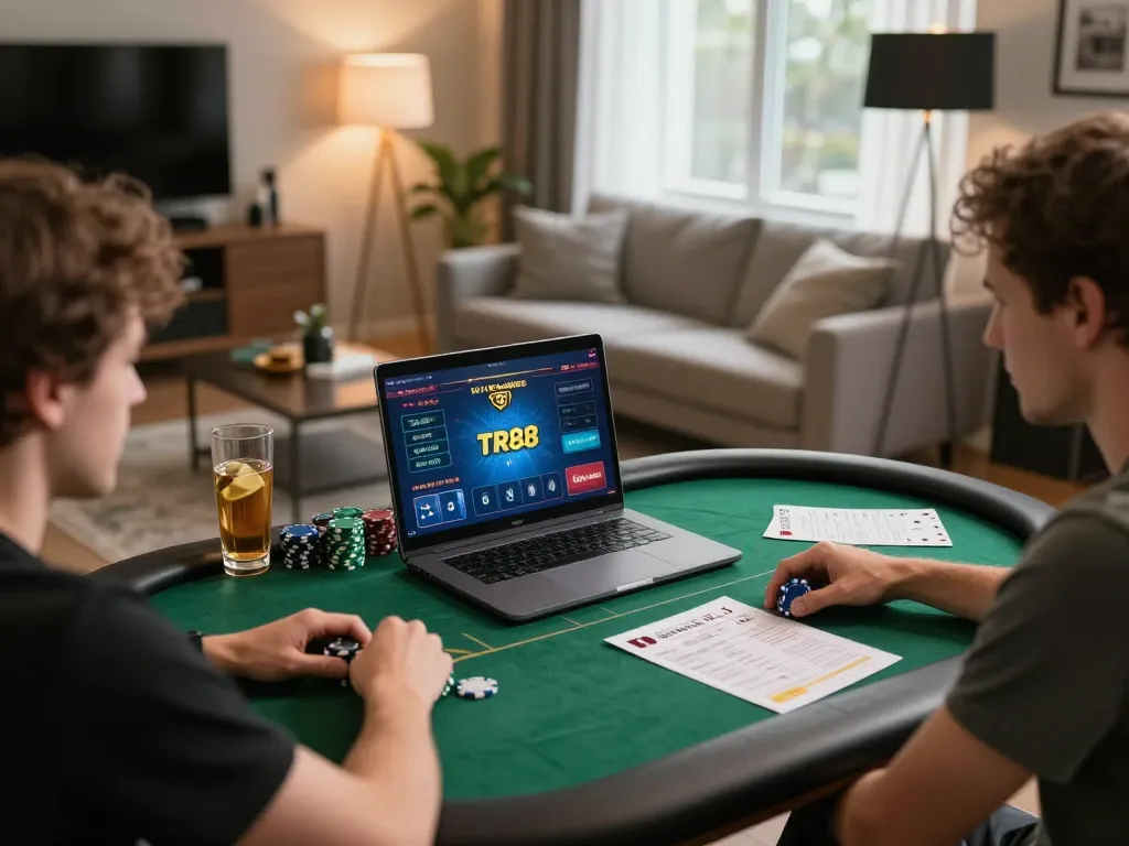 Player engaging in TR88 online poker strategy at a stylish home setup, showcasing dynamic gaming.