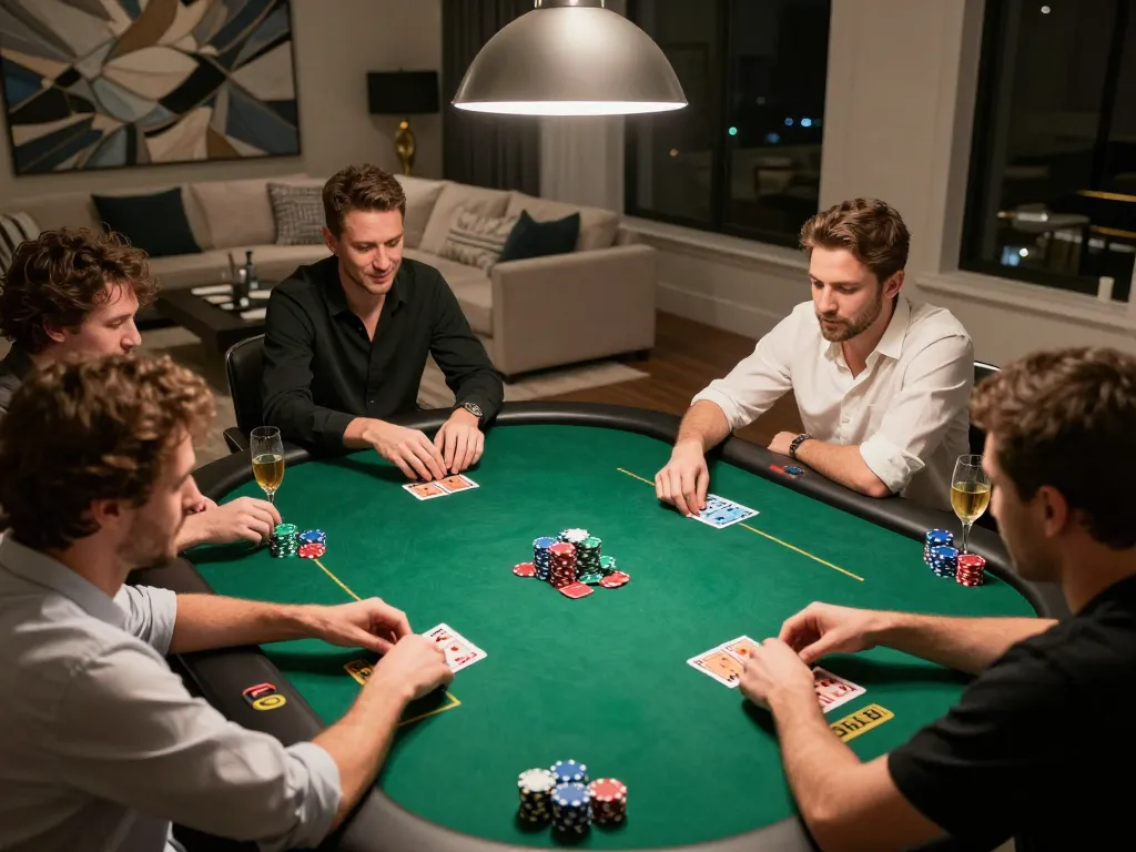 Engaged players strategizing at the Five88 poker table during a high-stakes home game