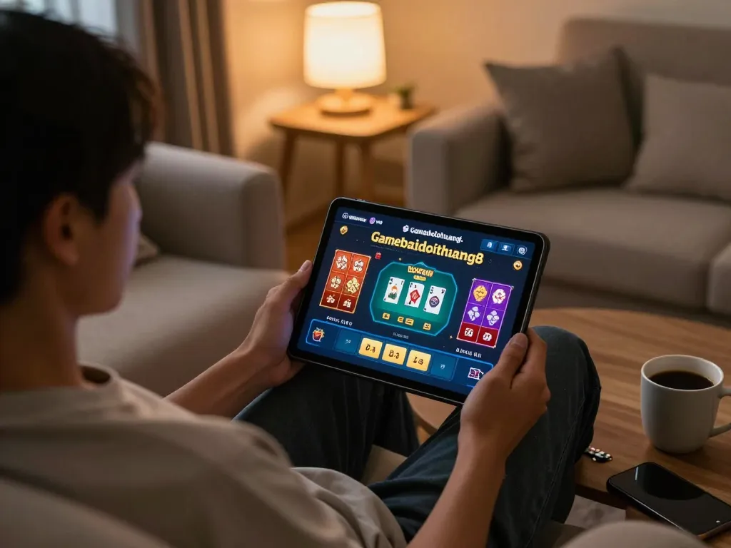 Engaging online gambling with gamebaidoithuong8 displayed on a tablet screen in a cozy home setting