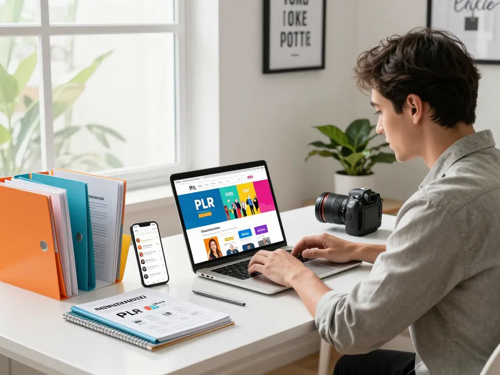 Buy PLR Products Online in a vibrant workspace with eBooks and courses.