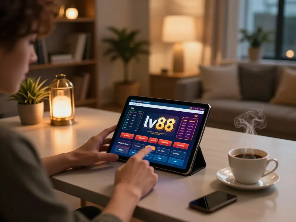 Engaging with lv88 on a tablet, showcasing a luxurious online gambling experience.