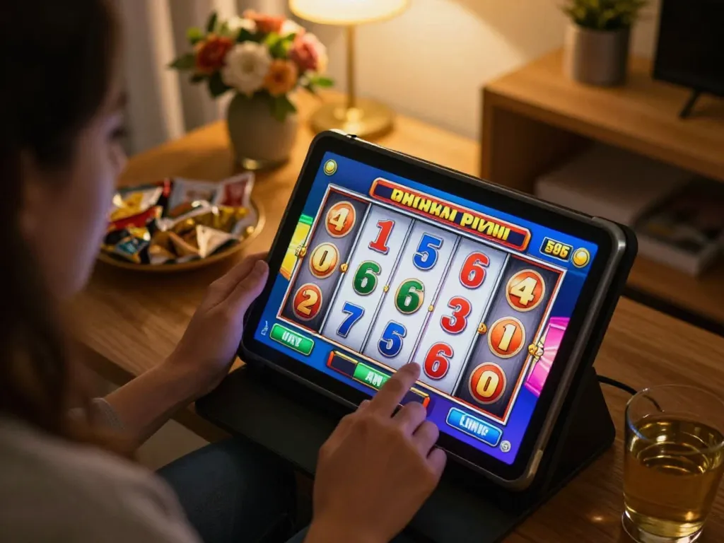 Player engaging with vibrant online slot machines on a tablet while enjoying a cozy home setting, featuring 88clb gaming strategy.