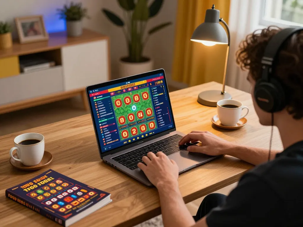 Player enjoying toto togel game on laptop in cozy home setting, highlighting strategic betting.