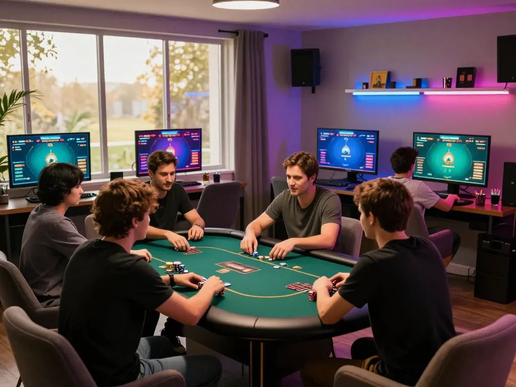 uu88 players strategizing in a vibrant online poker game with dynamic screens and cozy setup.