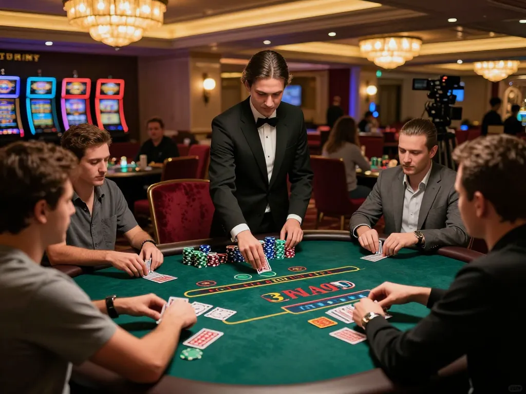Players at 3win's blackjack table make strategic decisions amidst an elegant casino setting.
