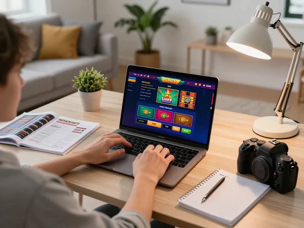 Engaging with the luck8 online casino on a laptop, showcasing strategic gameplay and comfortable home setup.