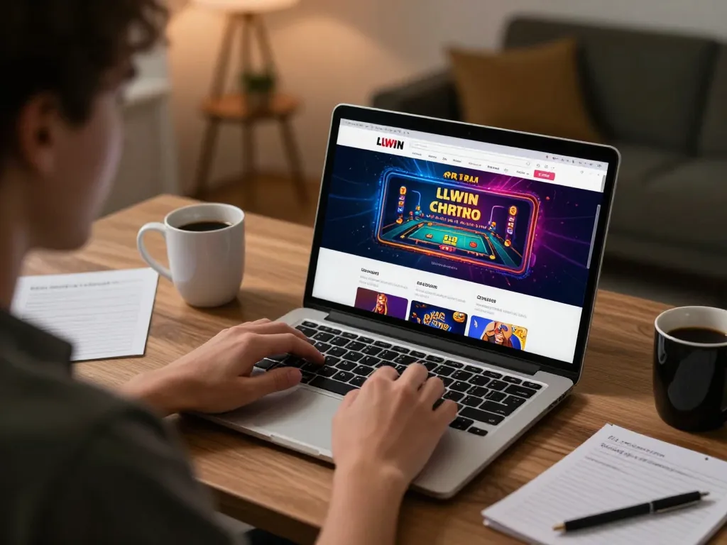 Engaging with LLWIN online gambling platform at home, showcasing strategic gaming elements.