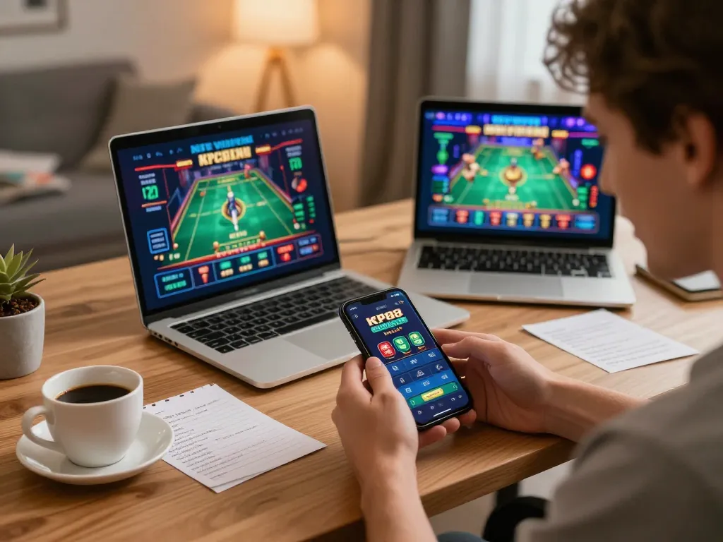 Player using KP88 mobile app for online casino gaming, showcasing a joyful home gaming atmosphere.