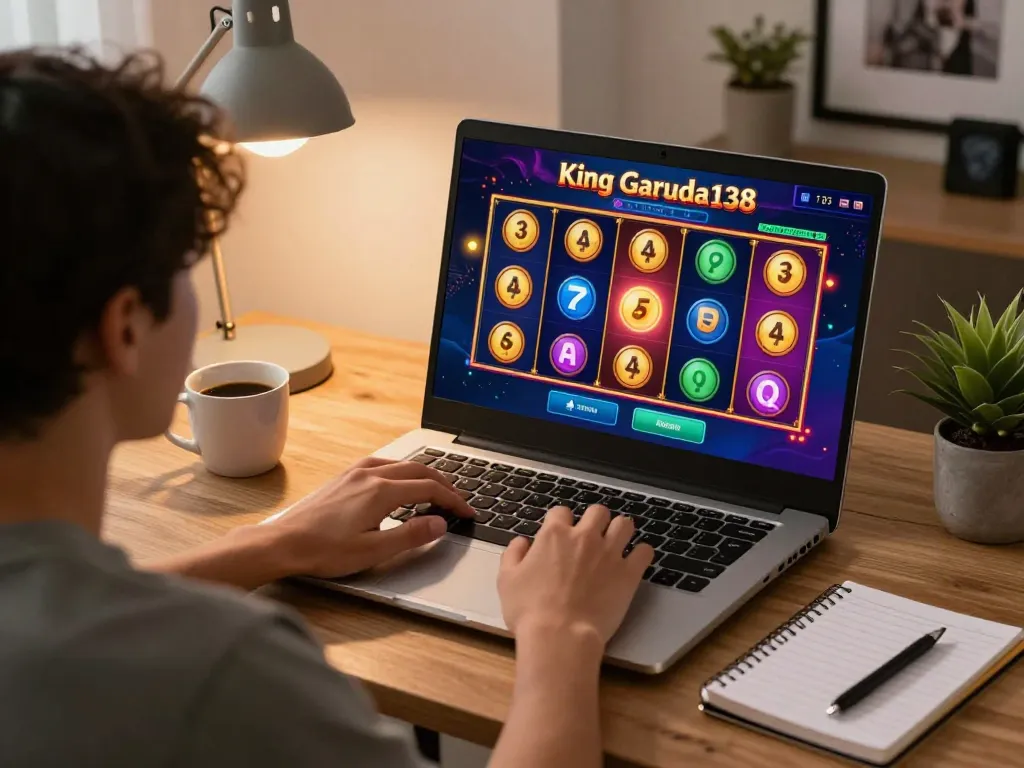Player enjoying slots on king garuda138, showcasing vibrant online gaming experience at home.