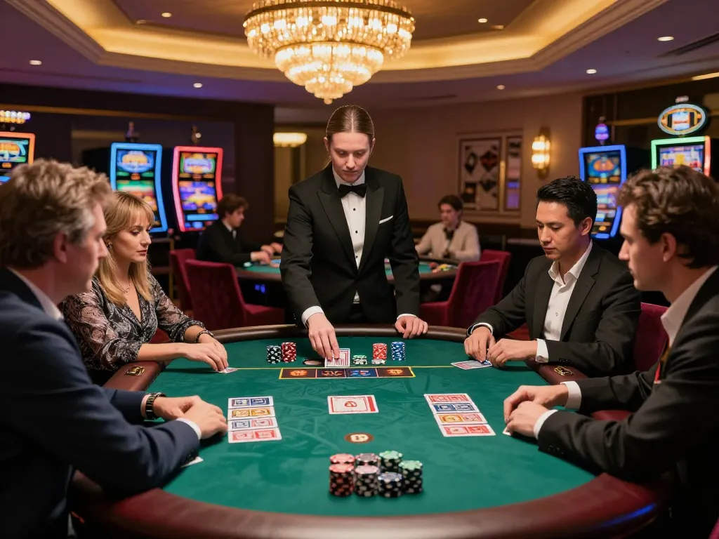 Players engaged at the baccarat table, ledak338 offers an exciting gaming experience, emphasizing social interaction and strategy.