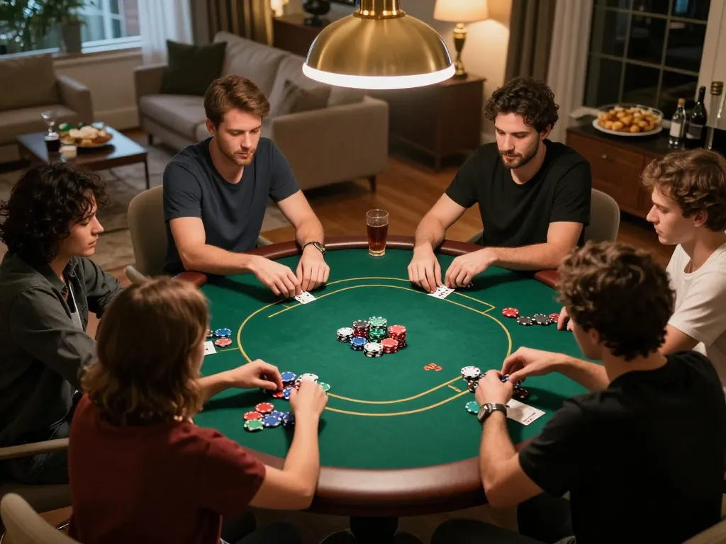 Players enjoying a friendly poker game with gem88 branding, showcasing excitement and strategy.