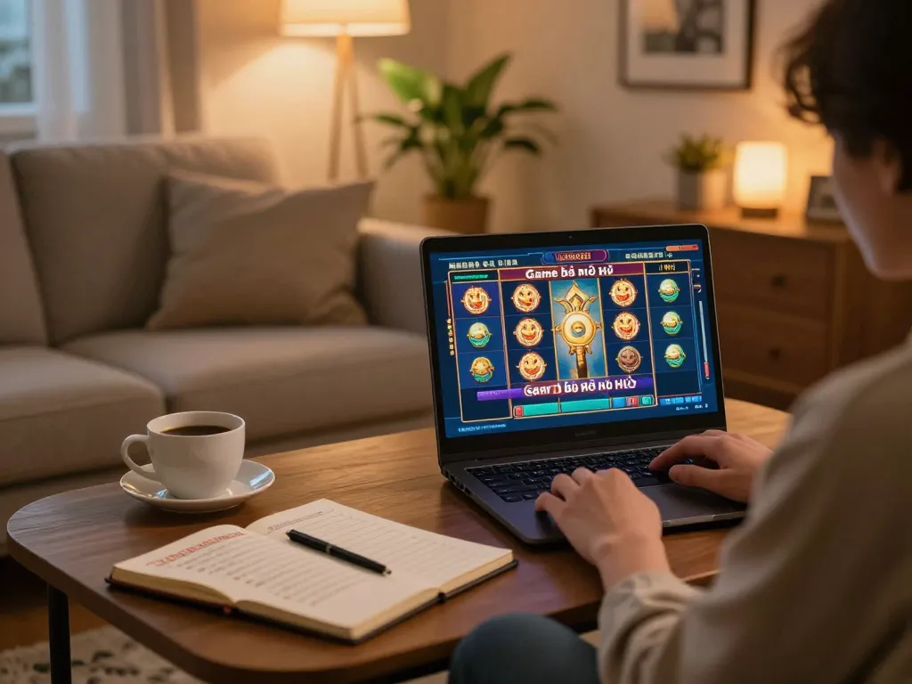 Engaging home scene with a person playing Game bài nổ hũ online on a laptop.