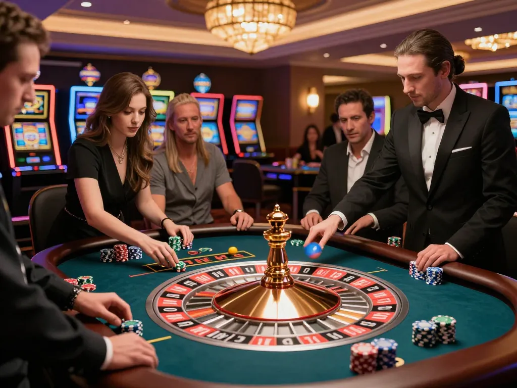 Engaged players placing bets at an Onbet roulette table with a croupier managing the game.