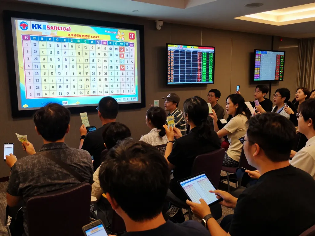 Gathered players excitedly await HK Malam Ini Lotto results displayed on a large screen in a vibrant atmosphere.