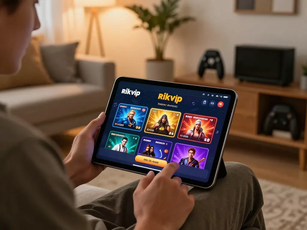 Engaging with the rikvip app on a tablet in a stylish home gaming setup.