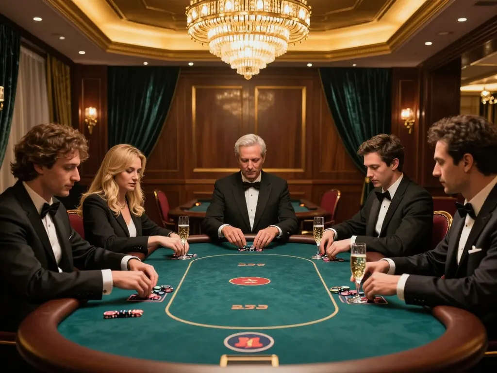 VIPwin players engaging in high-stakes poker within a luxurious casino setting, sparkling champagne present.
