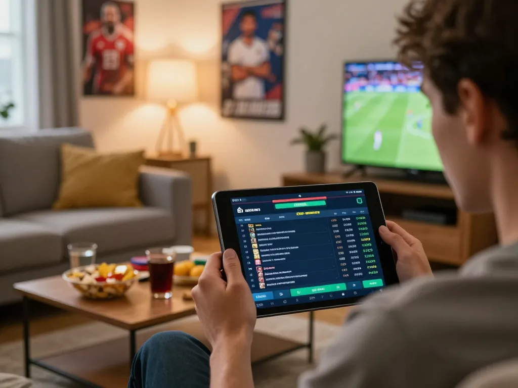 Engaging sports betting scene with vaobet app displayed on tablet, capturing excitement at home.