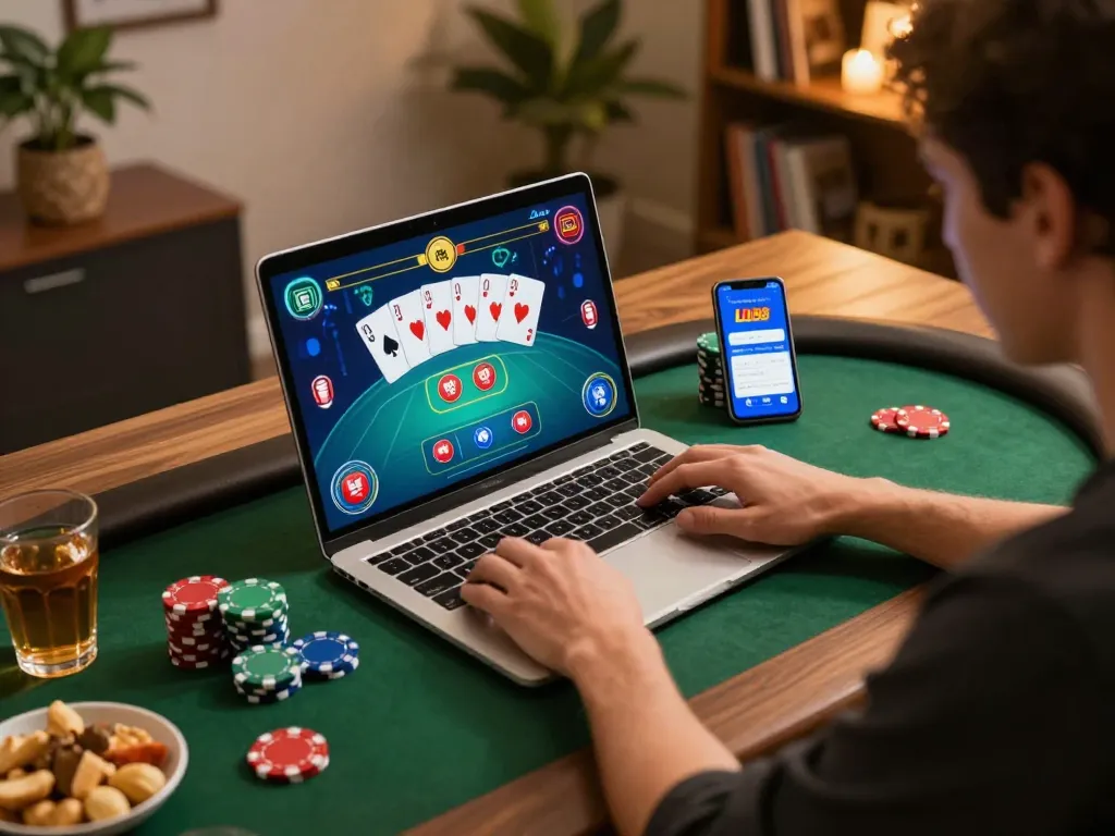 Engaging online poker gameplay on lu88 platform in a cozy home setting.