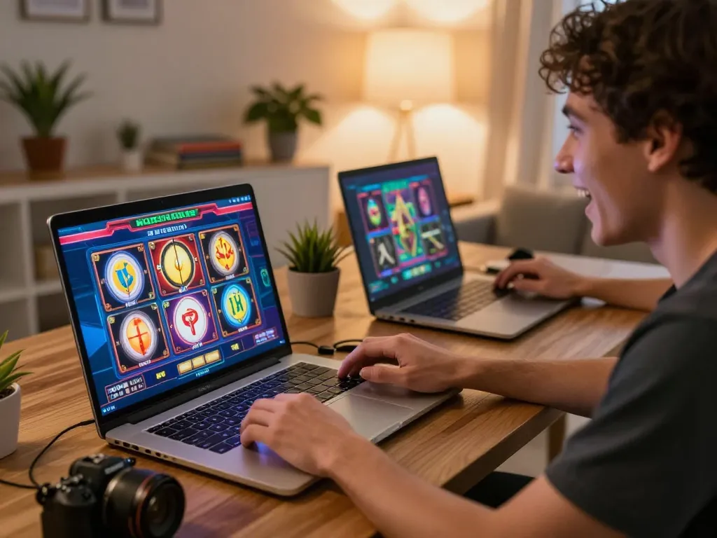 Player enjoying slots not on gamstop on a laptop, vibrant gaming setup at home with colorful graphics
