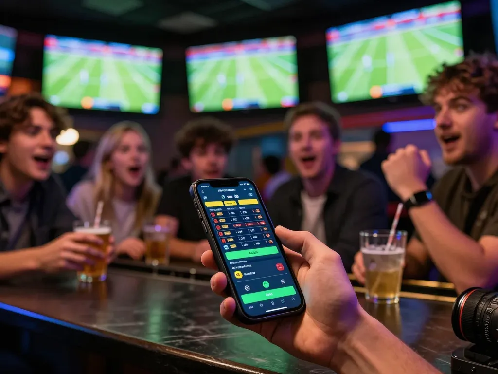 Engaging sports betting scene showing kèo nhà cái odds on a smartphone during a lively match