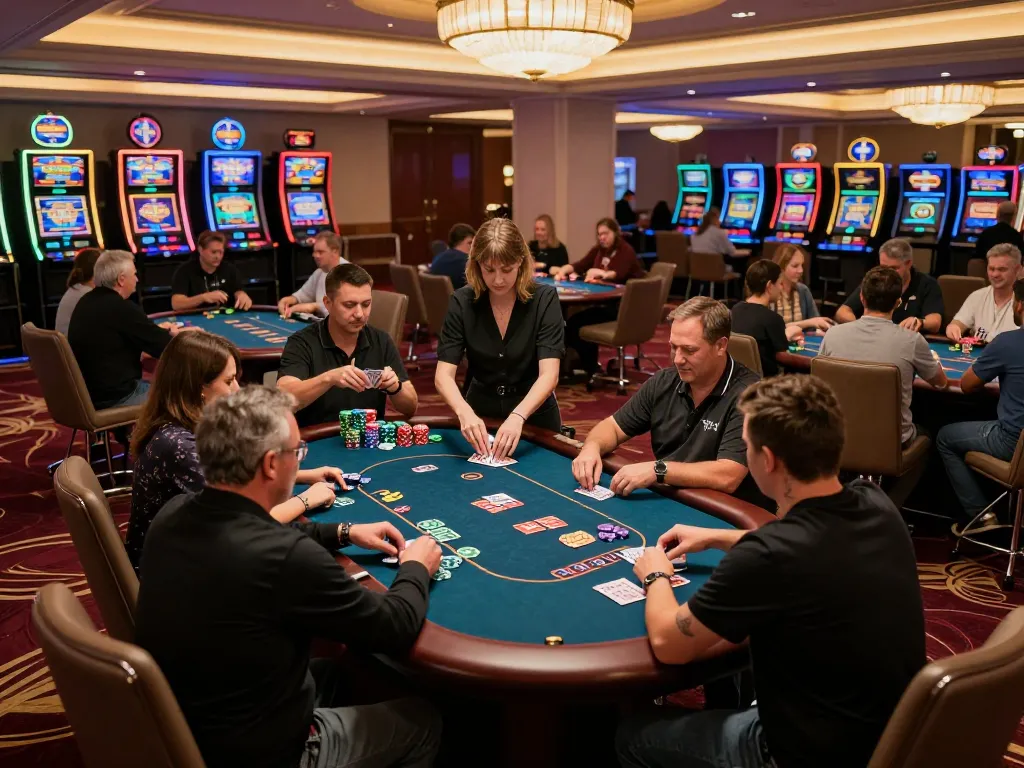 Playing poker at O8 casino with engaged players, colorful chips and cards creating an immersive gambling experience